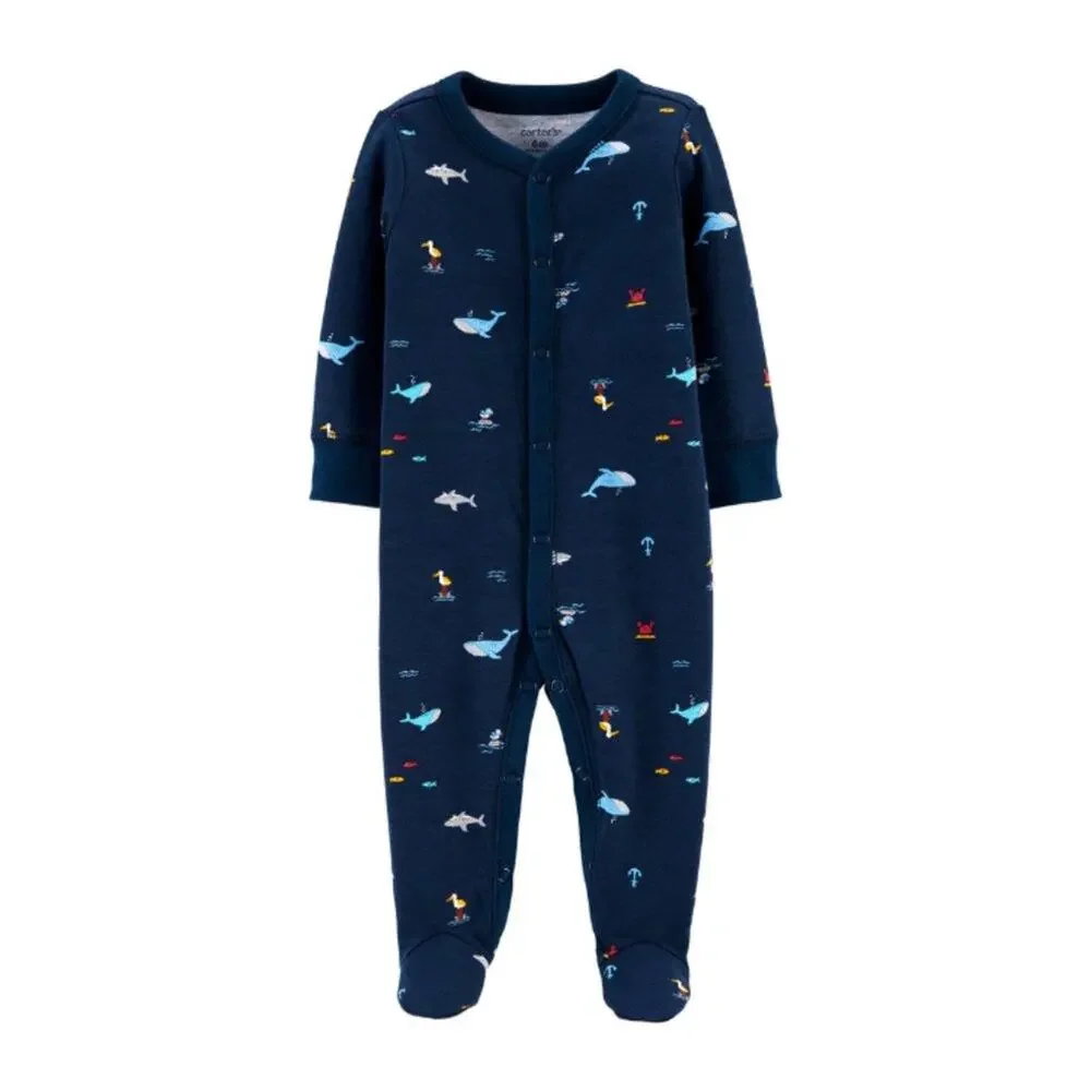 Ocean Print Sleep & Play Preemie Footed Snap Romper NWT Cotton